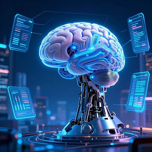 Digital CGI image of a glowing, futuristic brain with cybernetic components, surrounded by floating blue neon data screens in a dark, neon-lit city