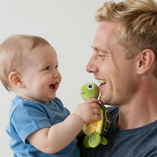 Smiling Father and Baby Playing with Turtle Toy