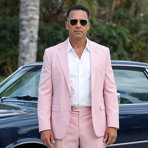 Photograph of a middle-aged man with short black hair, wearing a pink suit, white shirt, and dark sunglasses, standing in front of a black