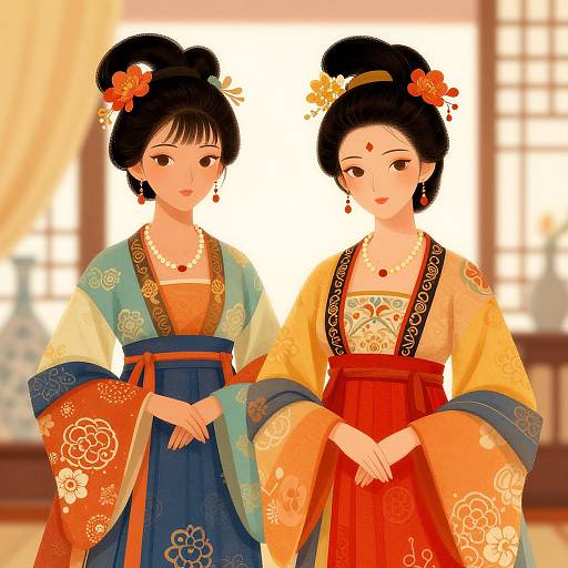 Digital illustration of two Japanese women in colorful kimonos, adorned with floral patterns, pearls, and hairpins, standing in a bright room.