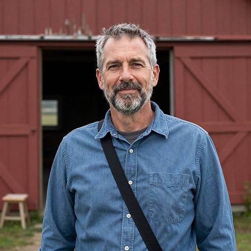 Smiling Man by Weathered Red Barn