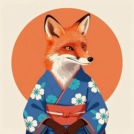 Anthropomorphic Fox in Floral Kimono Illustration
