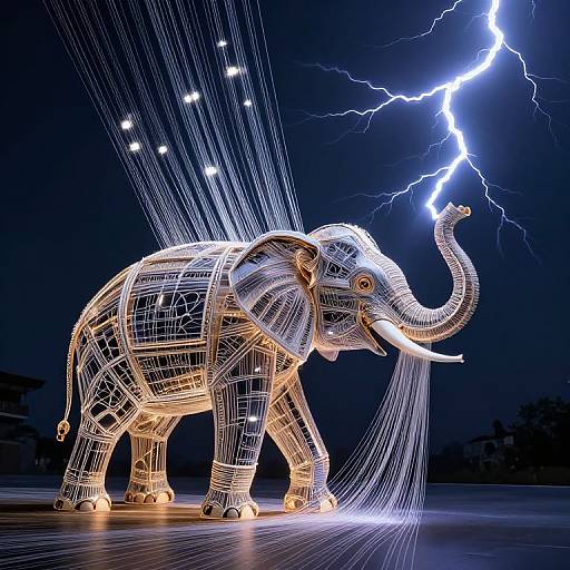 Photograph of a wire-frame elephant illuminated by lightning, with glowing white lines and bright white and yellow lights against a dark night sky.