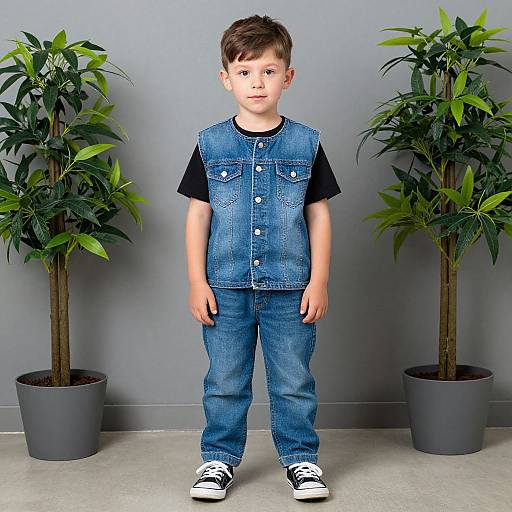 Photograph of a young boy with short brown hair wearing a blue denim vest, black shirt, blue jeans, and black-and-white sneakers, standing between