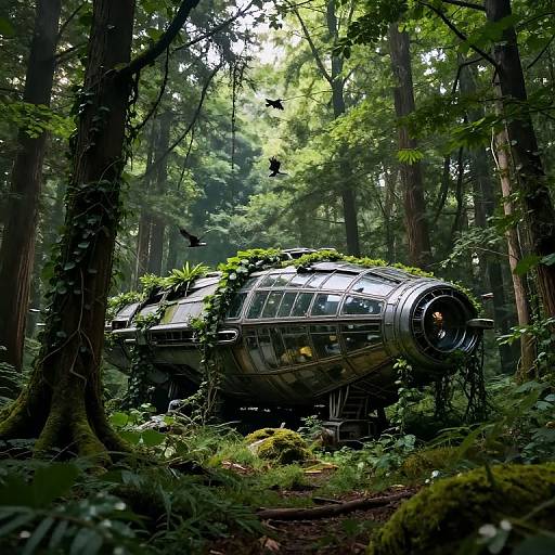 Photograph of a futuristic, glass-domed vehicle covered in greenery, partially hidden in a dense, lush forest with sunlight filtering through tall trees.
