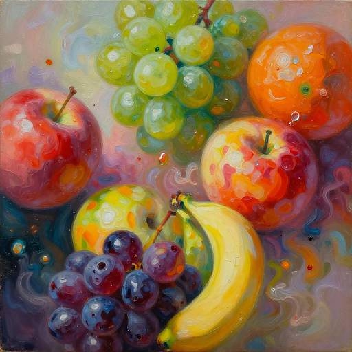 Vibrant, impressionistic digital painting of colorful fruit: red apples, green grapes, orange, yellow banana, purple plums, and a pear