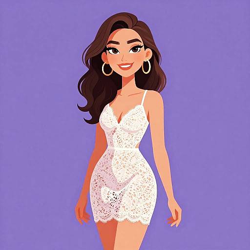 Digital illustration of a smiling woman with long brown hair, wearing a white lace mini dress and large hoop earrings, against a solid purple background.