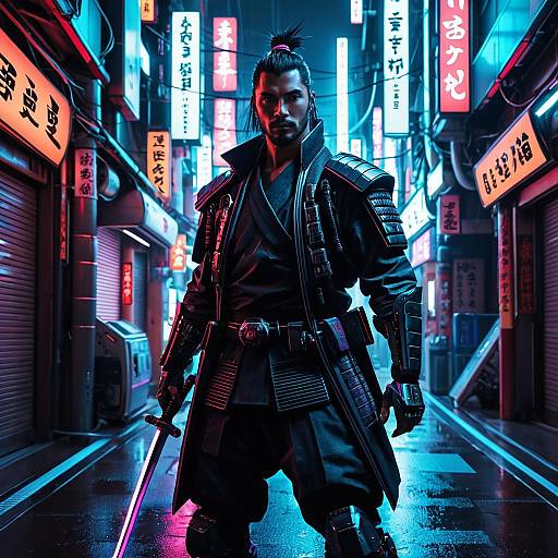 Cyberpunk Samurai in Neon-Lit Tokyo Alley