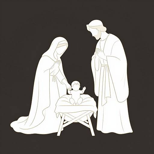 Black and white line drawing of a nativity scene: a kneeling woman, a standing man, and a baby in a manger.