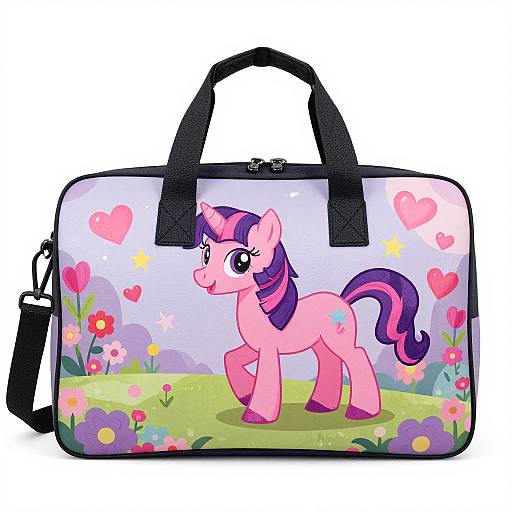 Colorful digital illustration of a pink unicorn with purple mane and tail, set on a floral field with pink hearts, on a black backpack.