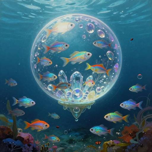 Digital artwork of a luminous, transparent bubble sphere floating in a vibrant, underwater scene filled with colorful, iridescent fish and bubbles.