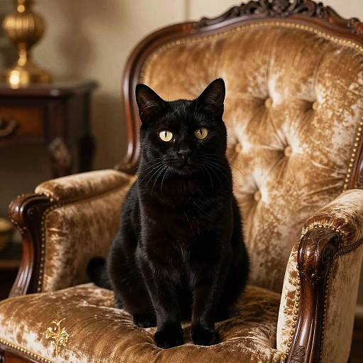 Sleek Black Cat on Vintage Velvet Chair