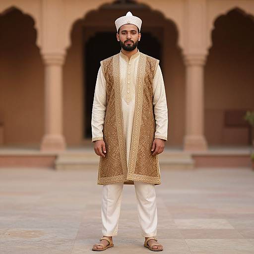 Photograph of a South Asian man with a beard, wearing a white cap, gold embroidered vest, white kurta, and white pants, standing in