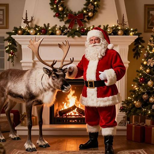 Photograph of Santa Claus in red suit, white beard, black boots, standing beside a reindeer with antlers, in front of a warmly lit