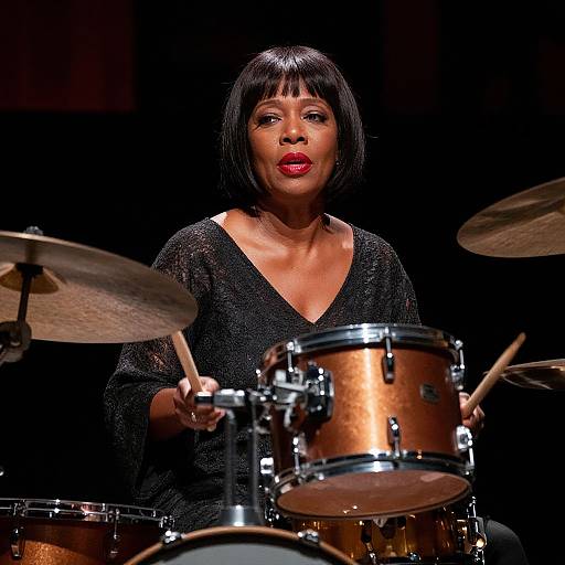 Photograph of an African-American woman with a black bob, red lipstick, black sparkly dress, playing a drum set on a dark stage.