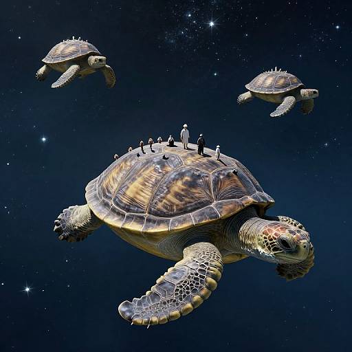 Photorealistic digital artwork of three turtles swimming in a starry, deep blue ocean; largest turtle with detailed shell and smaller ones in the background.