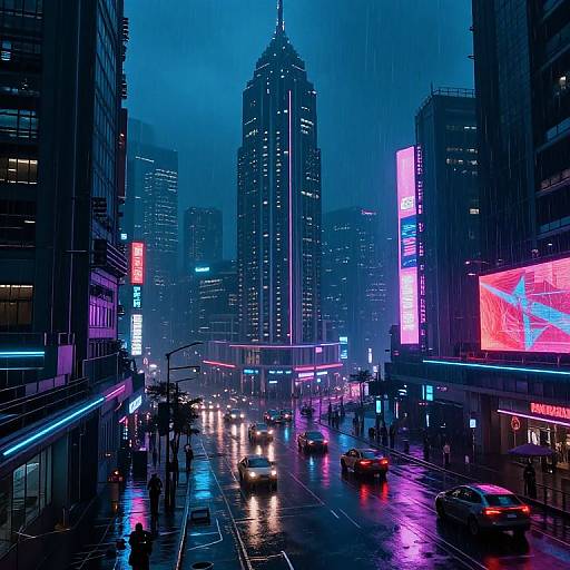 Neon-lit, rainy urban night scene photograph of a bustling city street with illuminated skyscrapers, glowing billboards, and reflections on wet pavement