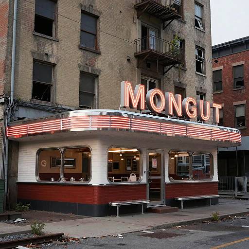 Photograph of a retro-style Mongolian restaurant with a neon 