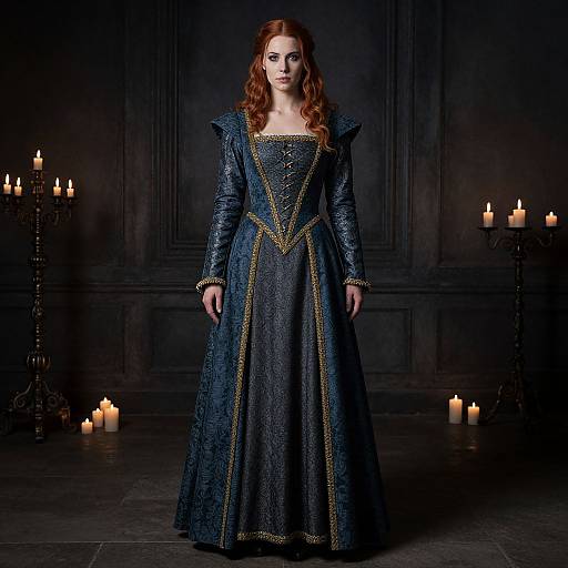 Photograph of a red-haired woman in a dark blue, ornate medieval gown with gold trim, standing in a dimly lit room with lit candles