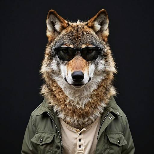 Photograph of a realistic, anthropomorphic wolf wearing dark sunglasses and an olive green jacket over a beige shirt, set against a black background.