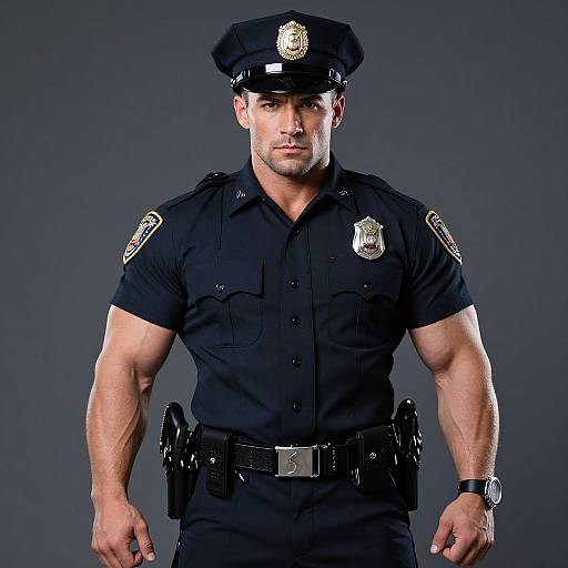 Photograph of a muscular male police officer in a black uniform with a hat, badge, and utility belt, standing against a dark gray background.