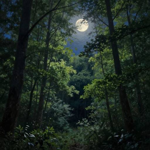 Moonlit forest scene: Full moon shining through dense, tall trees with dark, shadowy foliage; vibrant green leaves contrasting against the blue night sky.