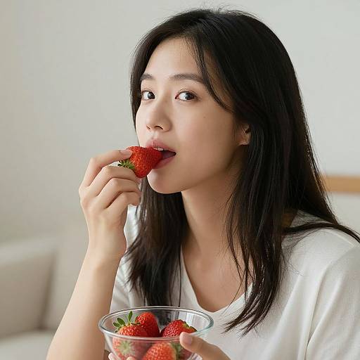 Photograph of an Asian woman with long black hair, wearing a white shirt, eating a strawberry from a glass bowl. Bright, neutral background.