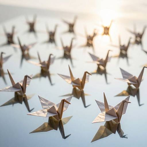 Photograph of numerous brown paper star-shaped origami boats floating on a reflective, sunlit water surface, creating a sparkling effect.