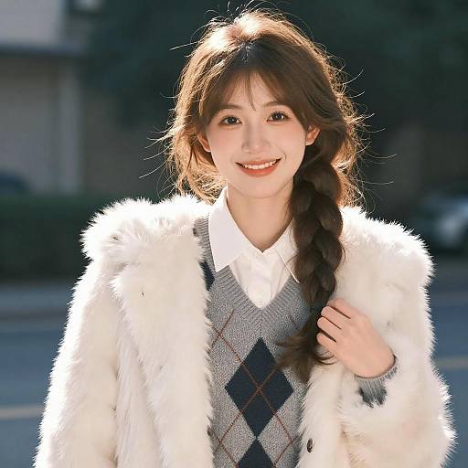 Smiling Woman in White Fur Coat
