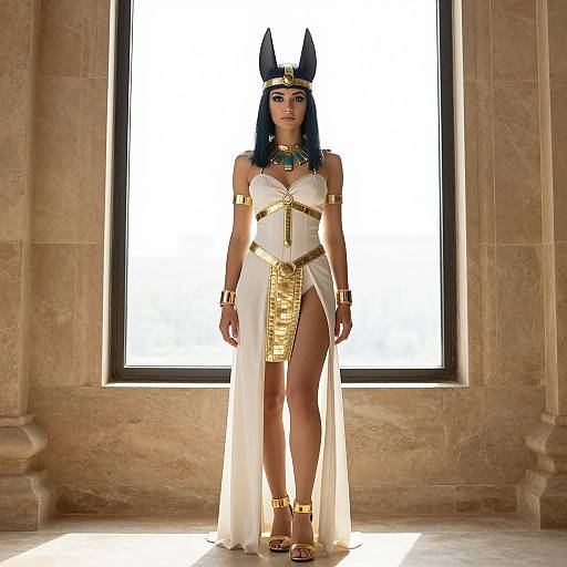 Photograph of a statuesque woman in Egyptian-inspired attire, featuring a white dress with gold accents, black jackal ears, and colorful necklace, standing