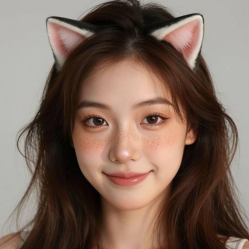 Digital portrait of a young Asian woman with long brown hair, wearing white and black cat ears, freckles, and a subtle smile against a light