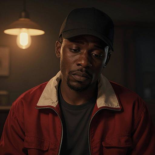 Photograph of a serious African-American man with dark skin, wearing a black cap, red jacket with white collar, and black shirt, dimly lit