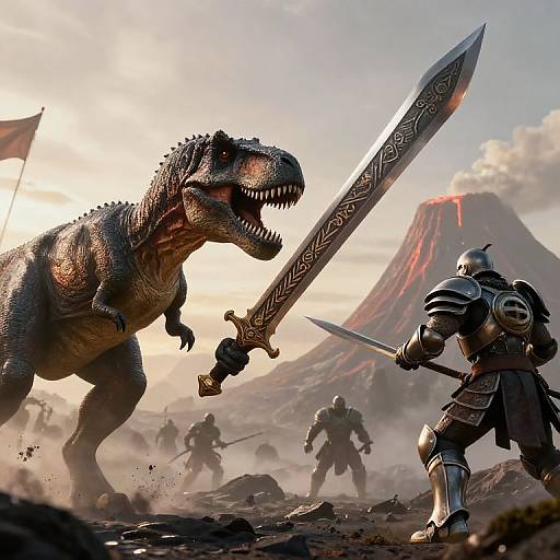 Epic battle: armored knight with ornate sword confronts roaring, massive T-Rex on volcanic battlefield, with other warriors and erupting mountain in
