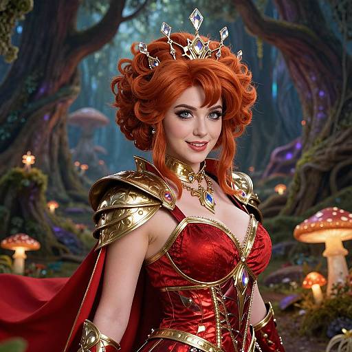 Digital fantasy art of a red-haired, fair-skinned queen with a gemmed tiara, red and gold armor, and red corset, standing