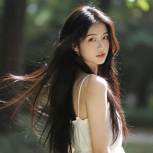Photograph of an East Asian woman with long, flowing black hair, wearing a white, strapless dress, looking back over her shoulder in a sun