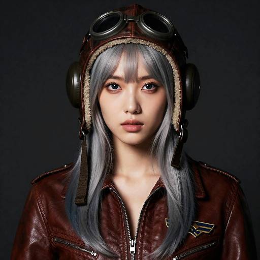 Digital portrait of an Asian woman with long silver hair, brown leather jacket, aviator goggles, and headphones, against a dark background.
