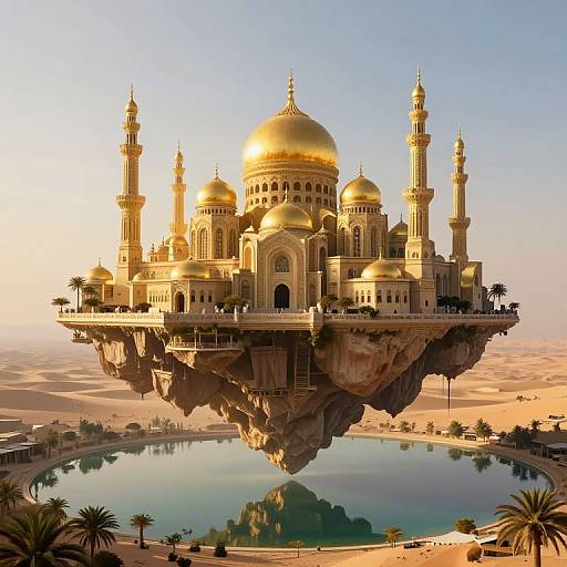 Photograph of a golden, floating Islamic-style mosque with multiple domes and minarets, set over a desert oasis with a reflective pool.