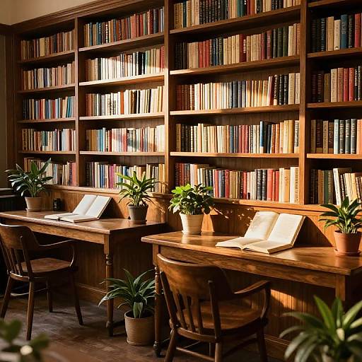 Photograph of a warm, wooden library room with tall bookshelves, potted plants on desks, and wooden chairs, bathed in soft sunlight