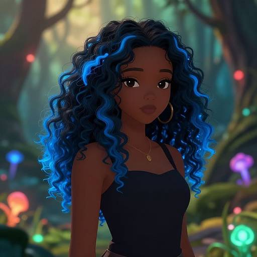 Digital illustration of a dark-skinned, curly-haired woman with blue highlights, wearing a black tank top, large hoop earrings, and a gold necklace,