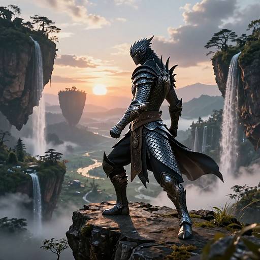 Digital artwork of a muscular, armored dragon warrior standing on a rocky cliff, overlooking a misty, waterfall-filled, fantasy landscape at sunset.