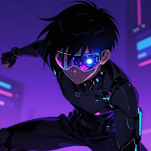 Digital anime-style artwork of a black-haired, cybernetic warrior with glowing purple and blue visor, crouching in a futuristic, neon-l