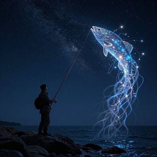 Silhouetted fisherman casts glowing, ethereal blue and white jellyfish into a starry night sky over a dark ocean. Digital art.
