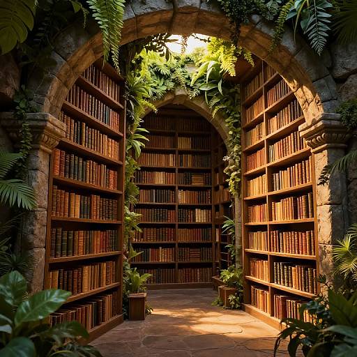 Photograph of a sunlit, arched library room filled with wooden bookshelves, lush green ferns, and warm, golden sunlight streaming through