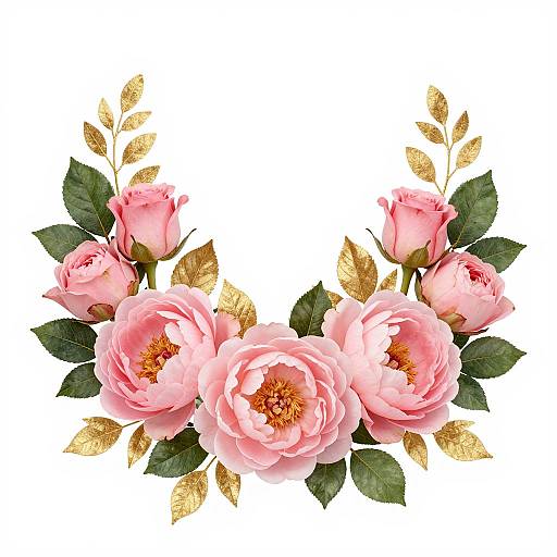 Photograph of pink peonies with golden leaves, arranged in a semi-circle against a white background, creating a floral frame.