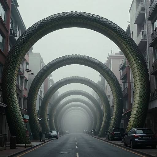 Photograph of a foggy urban street with three large, green, snake-scaled arches spanning over parked cars, flanked by modern buildings.