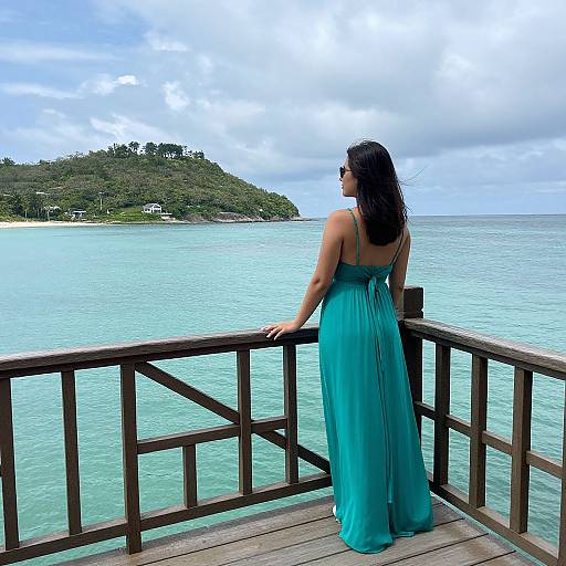 Photograph of a woman in a teal, floor-length dress standing on a wooden deck, overlooking a calm, turquoise ocean with a green, forested