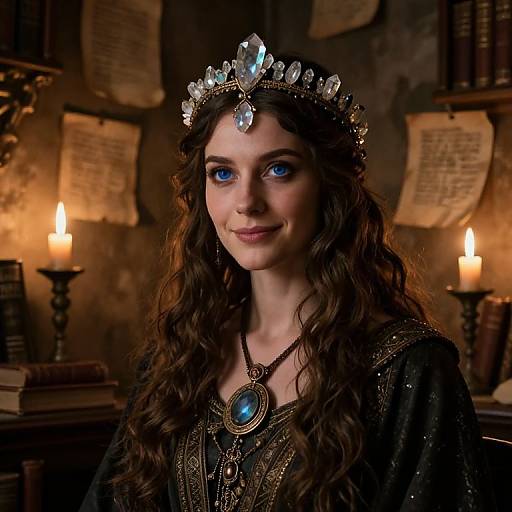Photograph-style digital art: Fair-skinned woman with blue eyes, long brown hair, wearing a jeweled crown and black, ornate dress,