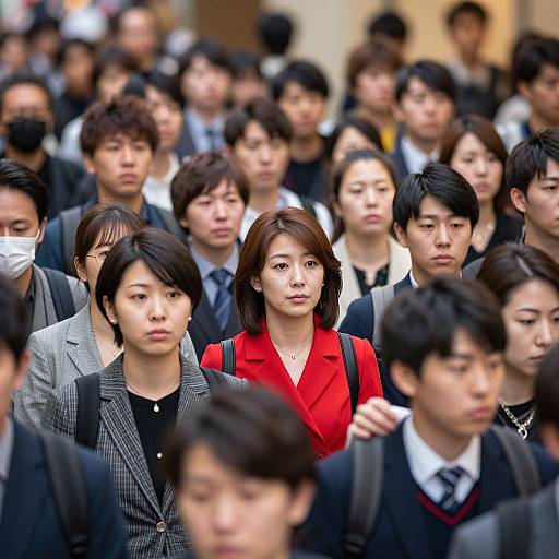 Photograph of a crowded street scene with diverse East Asian men and women in formal attire, wearing masks, and serious expressions. Central woman in a bright