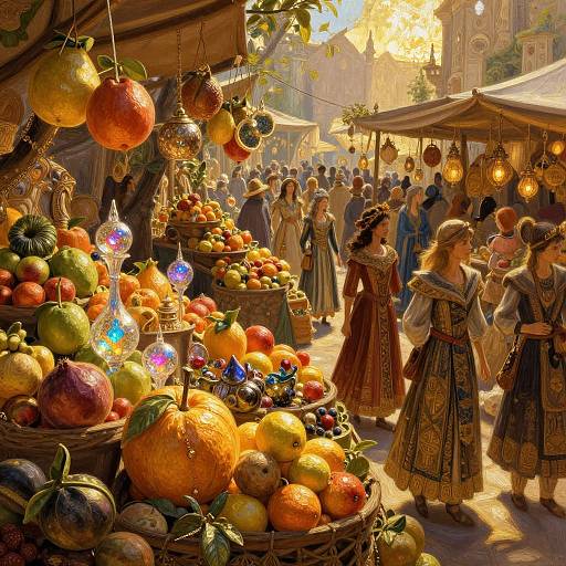 Vibrant medieval market scene: colorful fruits, glowing lanterns, medieval villagers, sunlit street, detailed architecture, bustling crowd, rich textures,