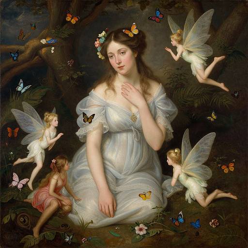 Romantic painting of a fair-skinned woman in a white gown with butterflies and fairy-like children with transparent wings in a dark, enchanted forest.